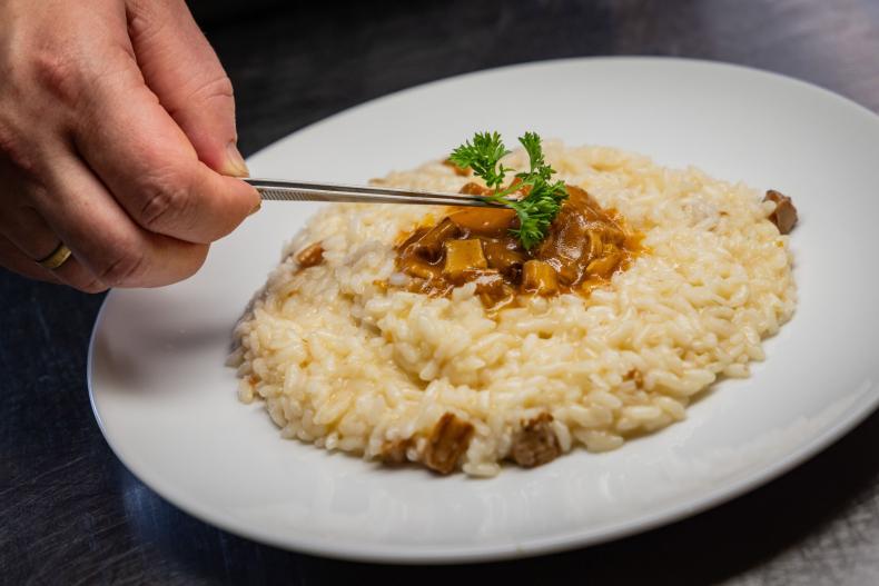 Risotto cremoso con funghi e prezzemolo fresco, decorato con cura.